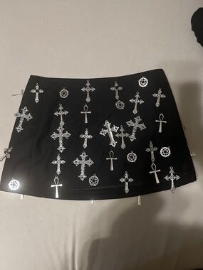 Dolls Kill Black Mini Skirt with Silver Cross, Ankh & Pentagram Charms